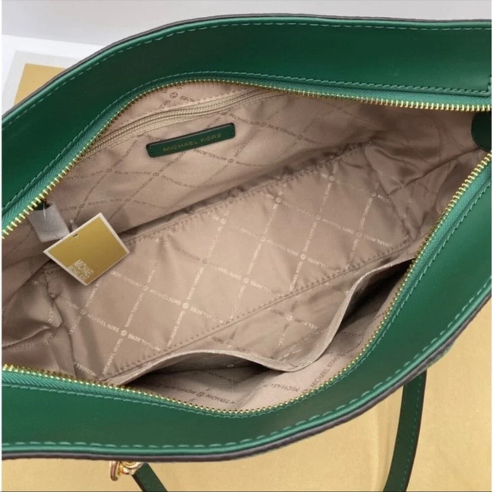 New Michael Kors Medium Front Zip Chain Tote Bag Leather JEWEL GREEN